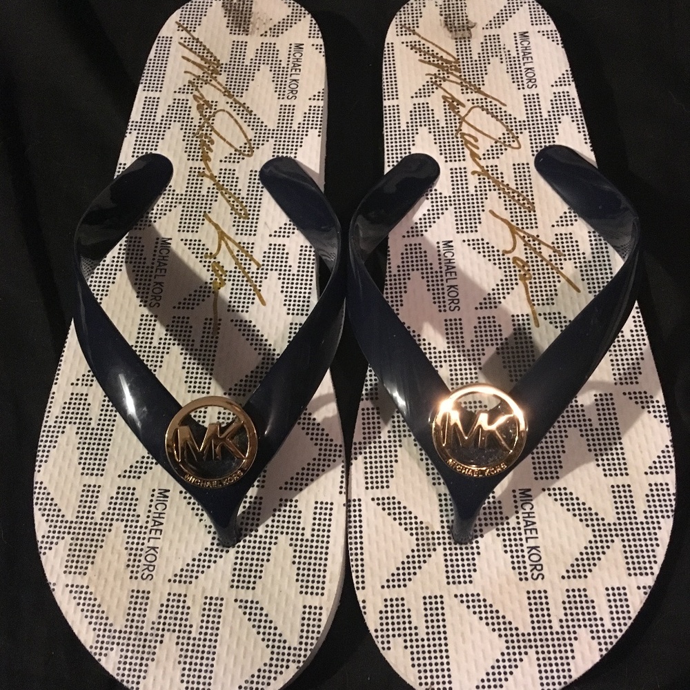Michael Kors White and Navy Blue Flip Flops